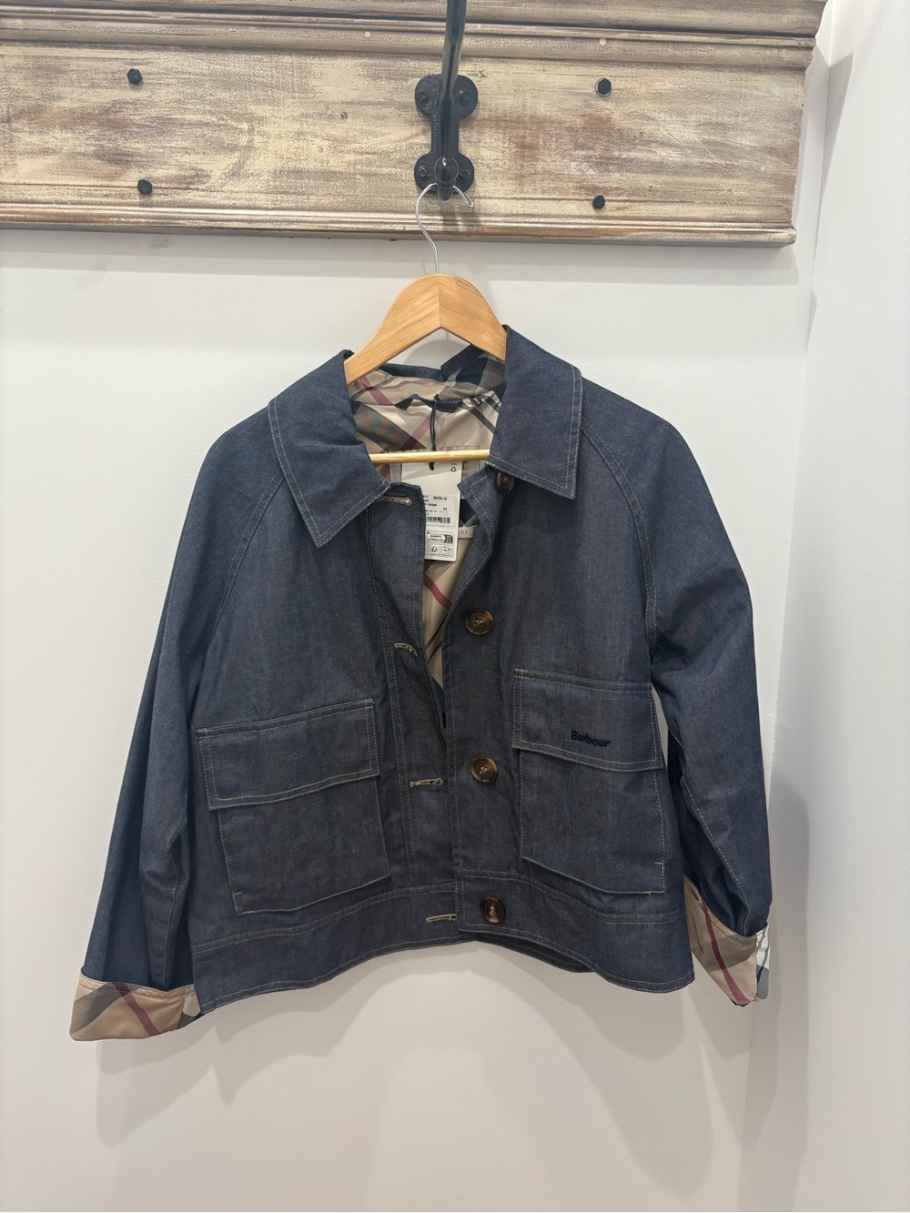 Dark Blue Denim Cropped Jacket with Signature Check Trim